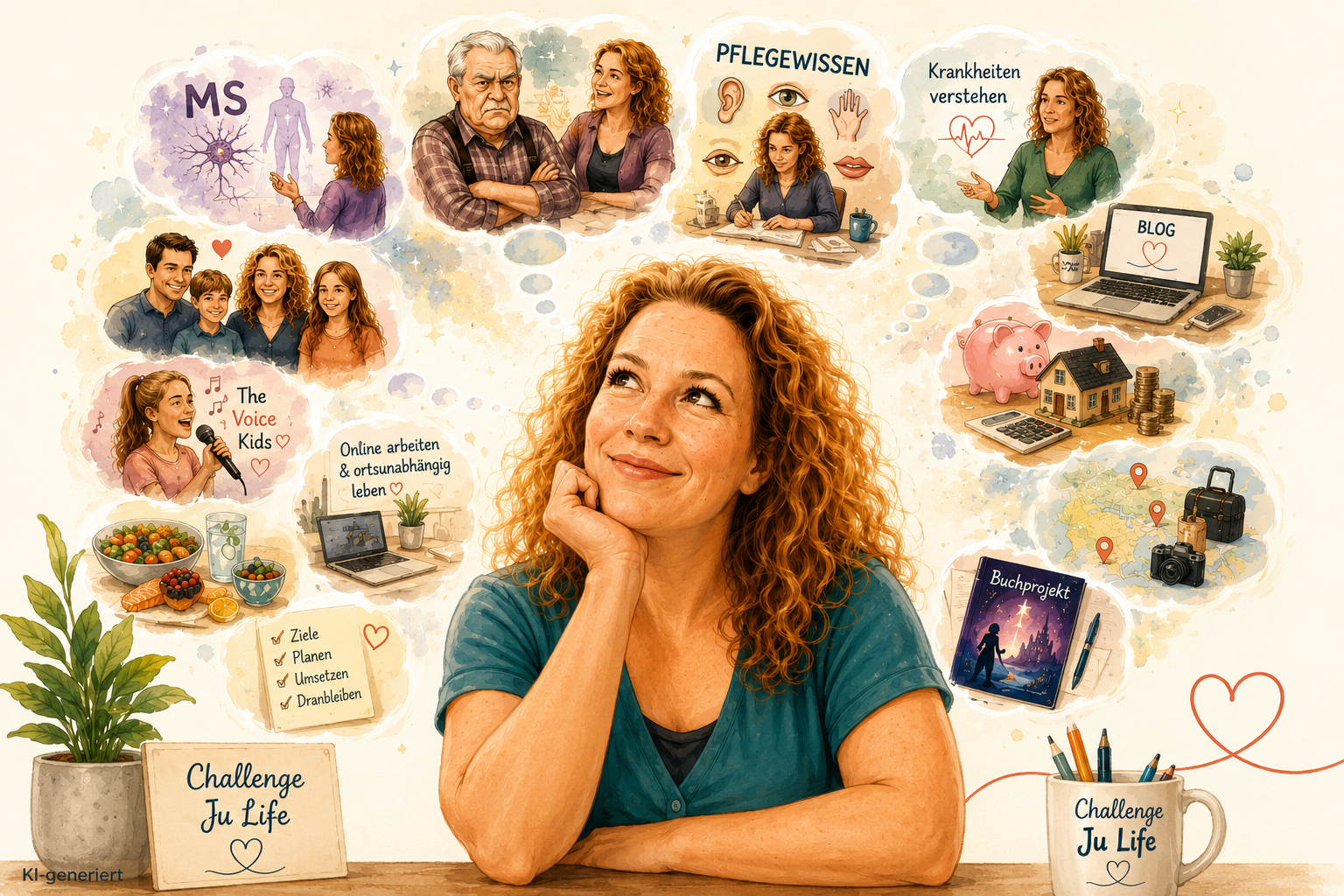 Illustration von Julia mit Gedankenblasen zu MS, Pflegewissen, Familie, Blog und Buchprojekt
